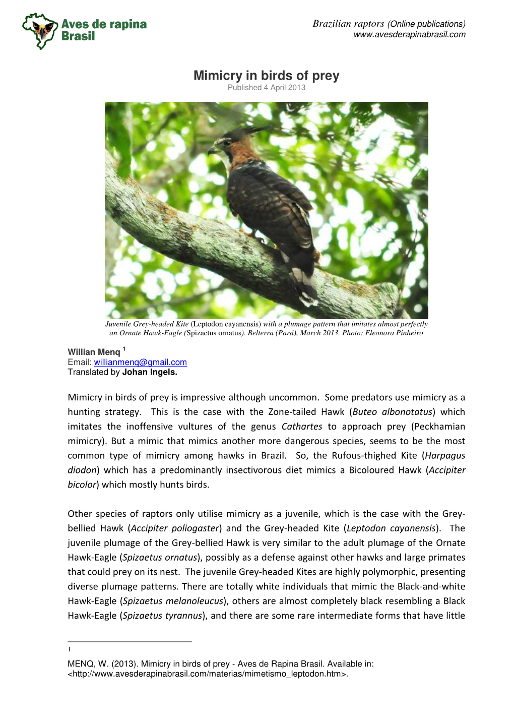 Mimicry in Birds of Prey Published 4 April 2013