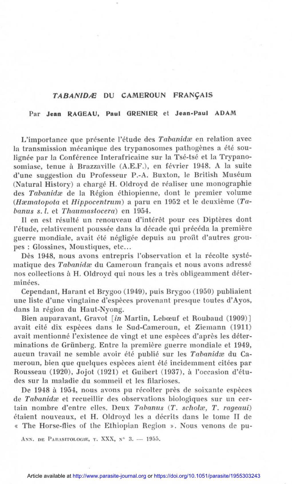 TABANIDÆ DU CAMEROUN FRANÇAIS Par Jean RAGEAU, Paul GRENIER Et Jean-Paul ADAM