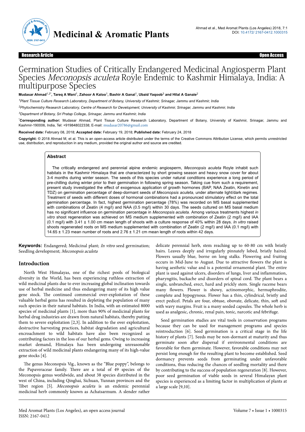 Germination Studies of Critically Endangered Medicinal Angiosperm