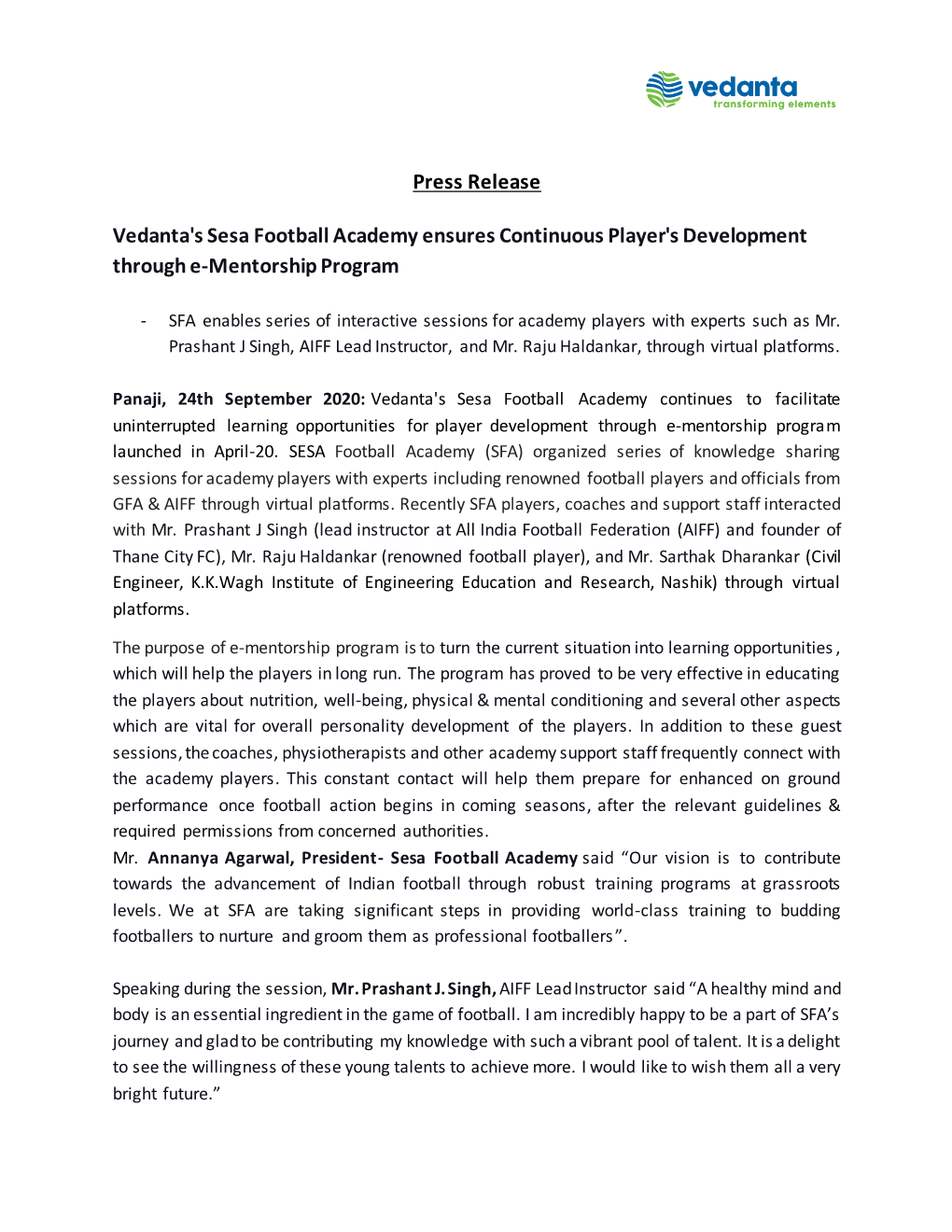 Press Release Vedanta's Sesa Football Academy Ensures