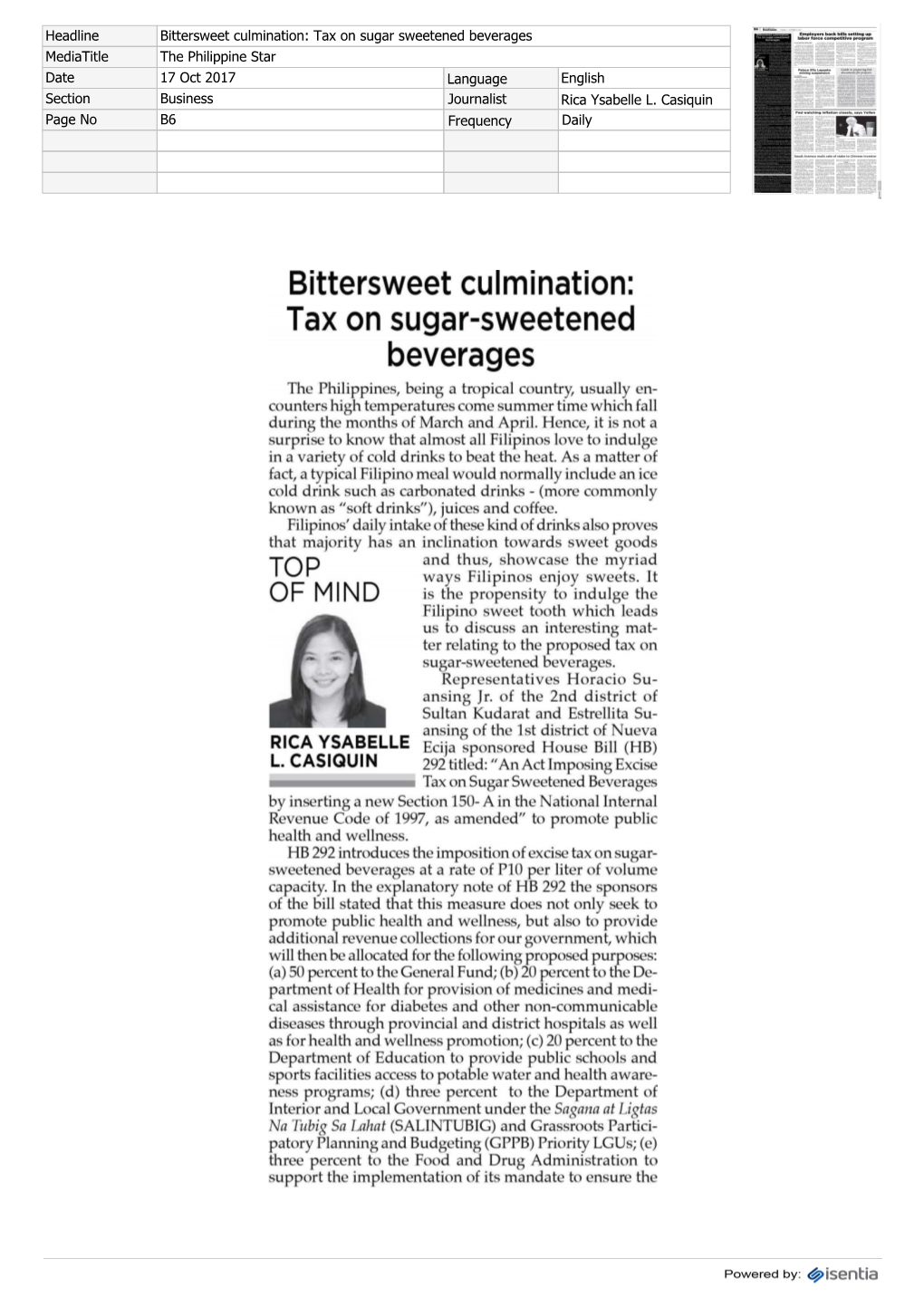 Beverages Mediatitle the Philippine Star Date 17 Oct 2017 Language English Section Business Journalist Rica Ysabelle L