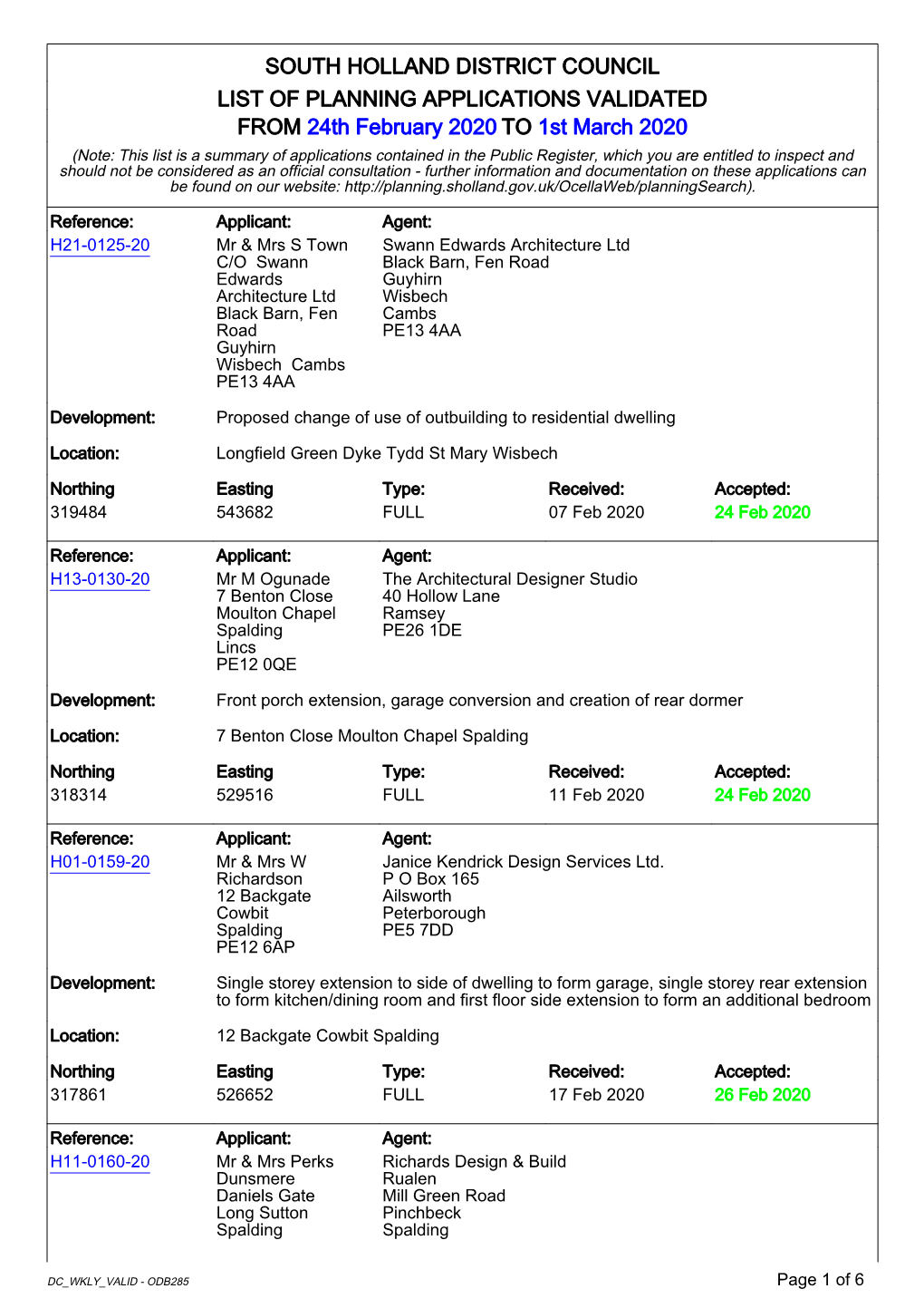 South Holland District Council List of Planning