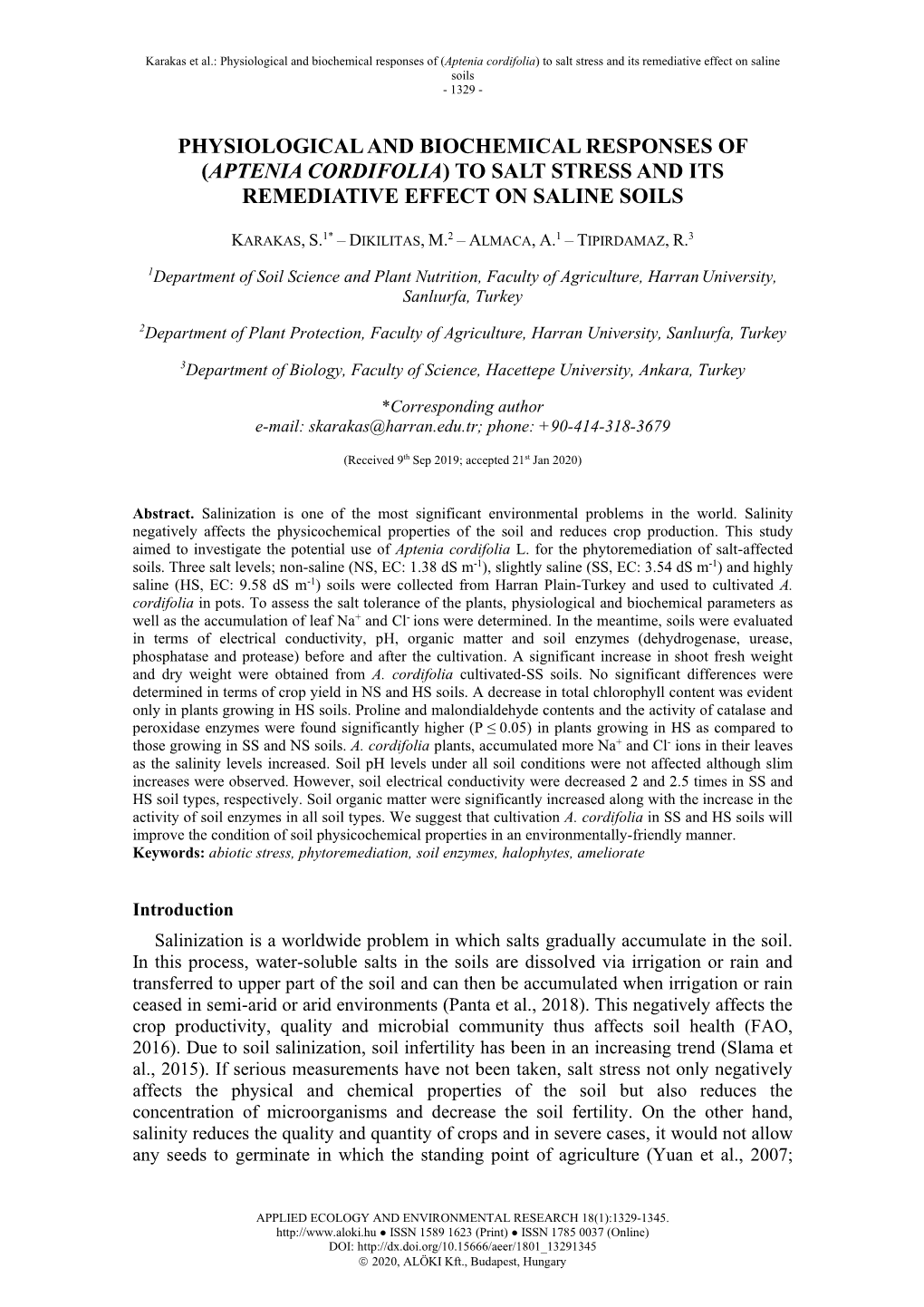 Physiological and Biochemical Responses of (Aptenia Cordifolia) to Salt Stress and Its Remediative Effect on Saline Soils - 1329