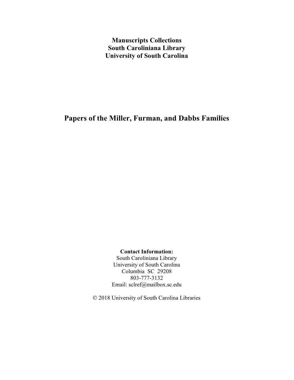 Papers of the Miller, Furman, and Dabbs Families