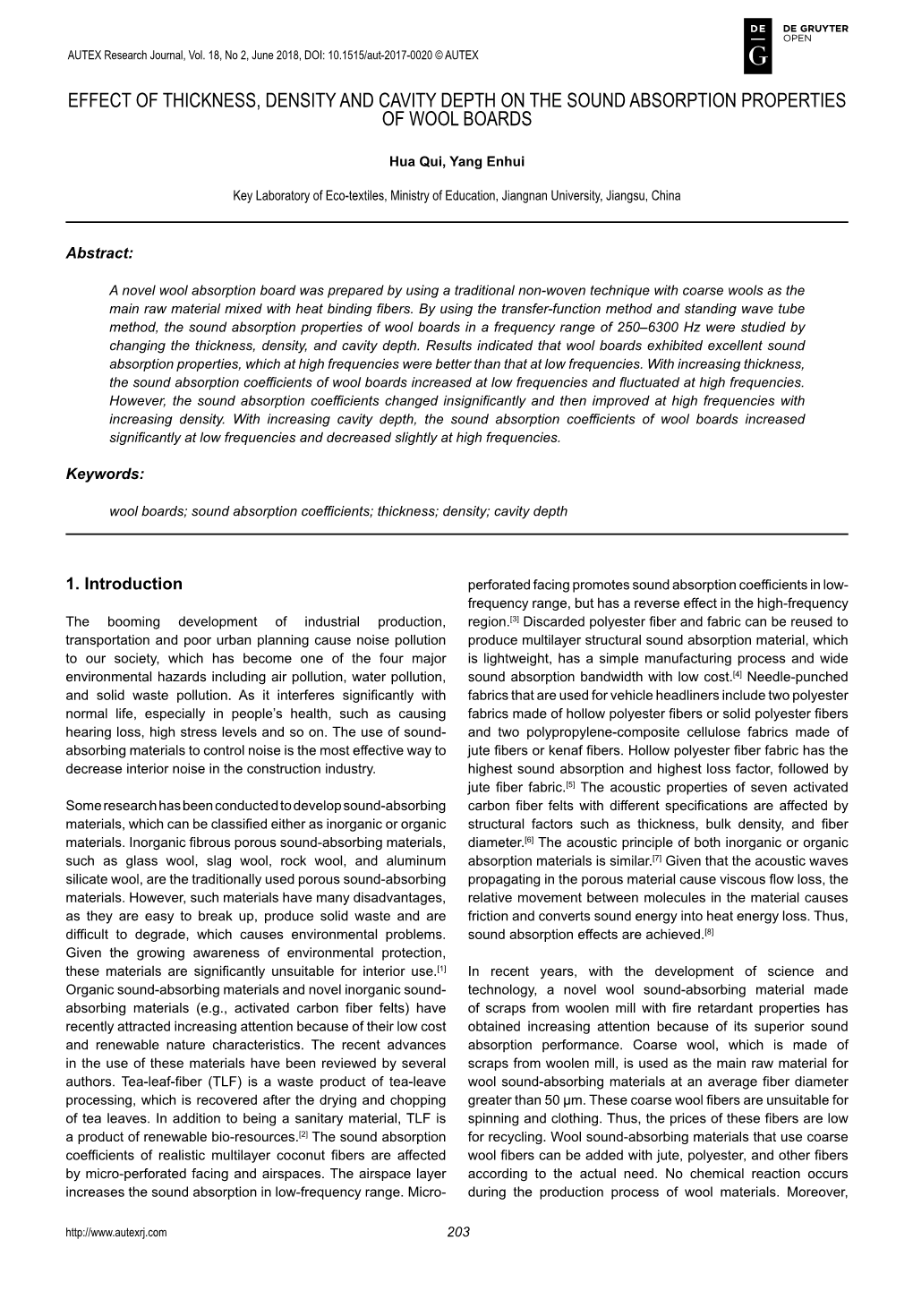 Effect of Thickness, Density and Cavity Depth on the Sound Absorption Properties of Wool Boards