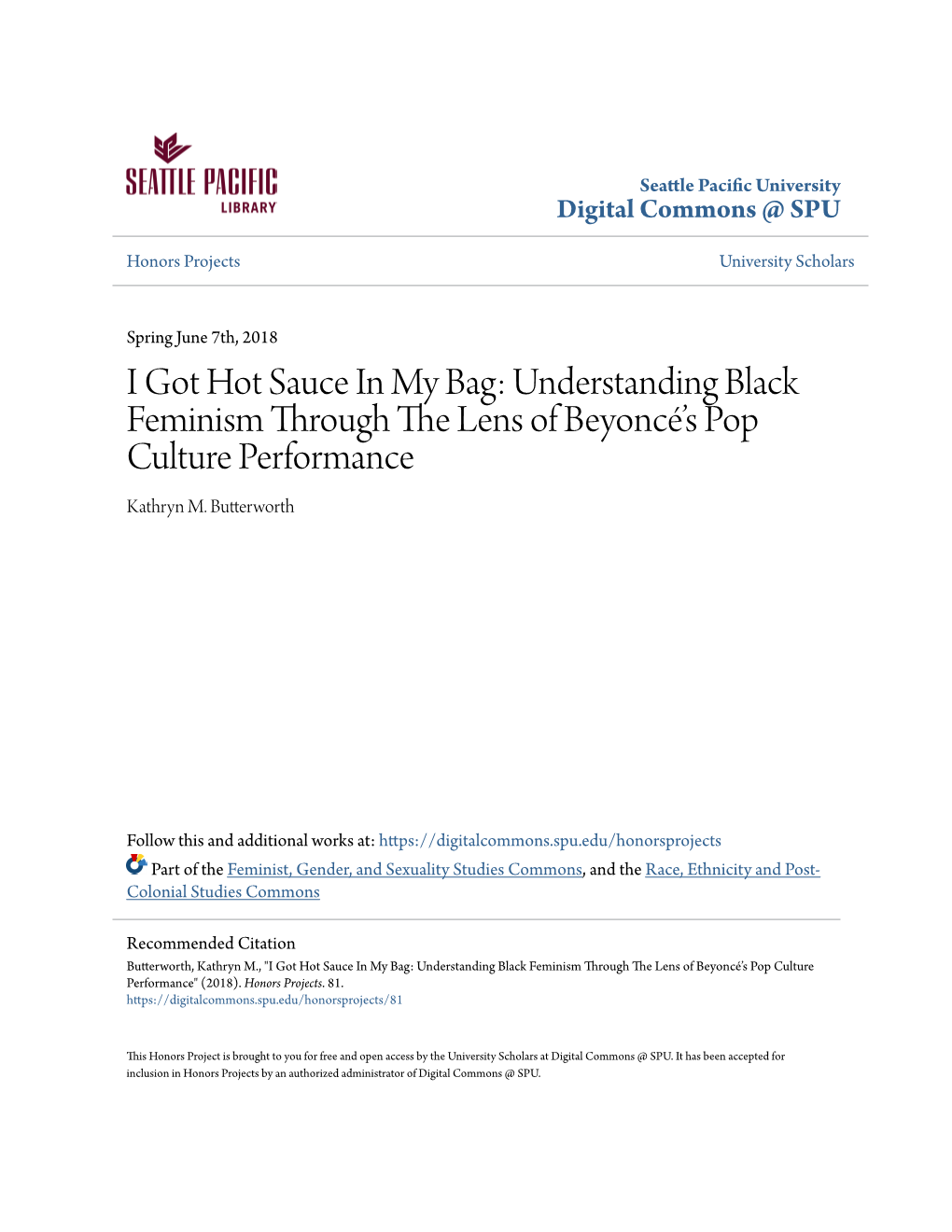 Understanding Black Feminism Through the Lens of Beyoncé’S Pop Culture Performance Kathryn M