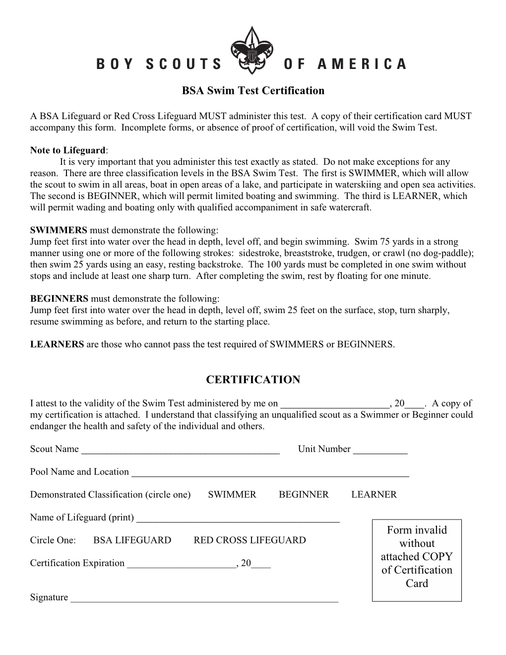 BSA Swim Test Certificate