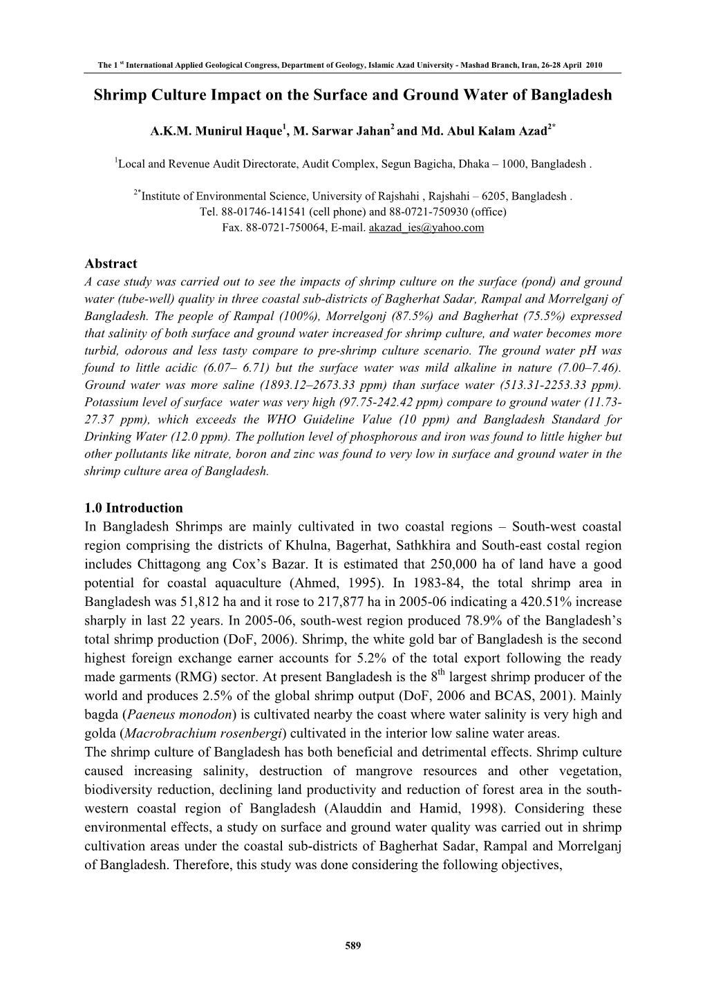 Shrimp Culture Impact on the Surface and Ground Water of Bangladesh