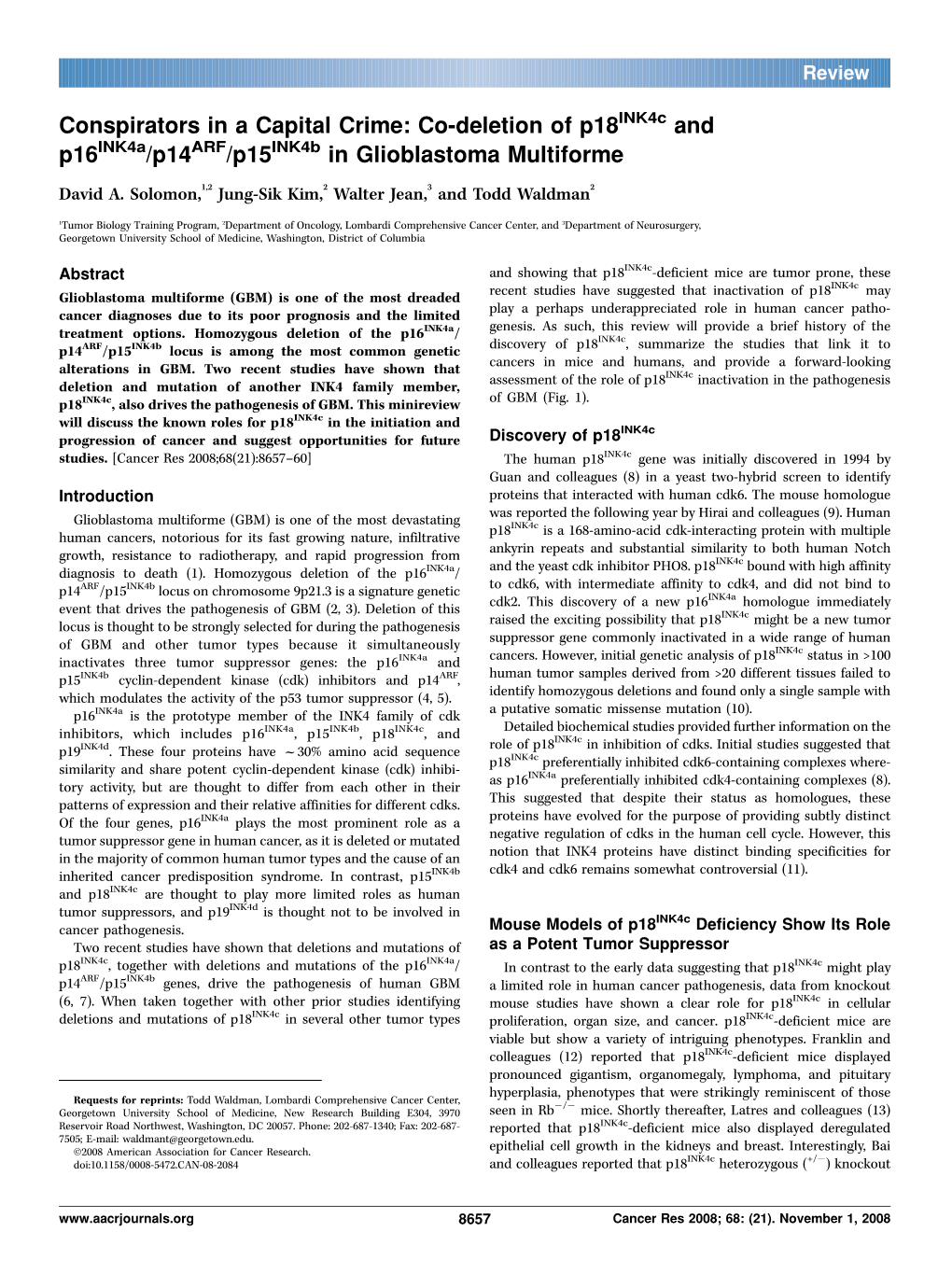 Co-Deletion of P18 and P16 /P14 /P15 in Glioblastoma Multiforme