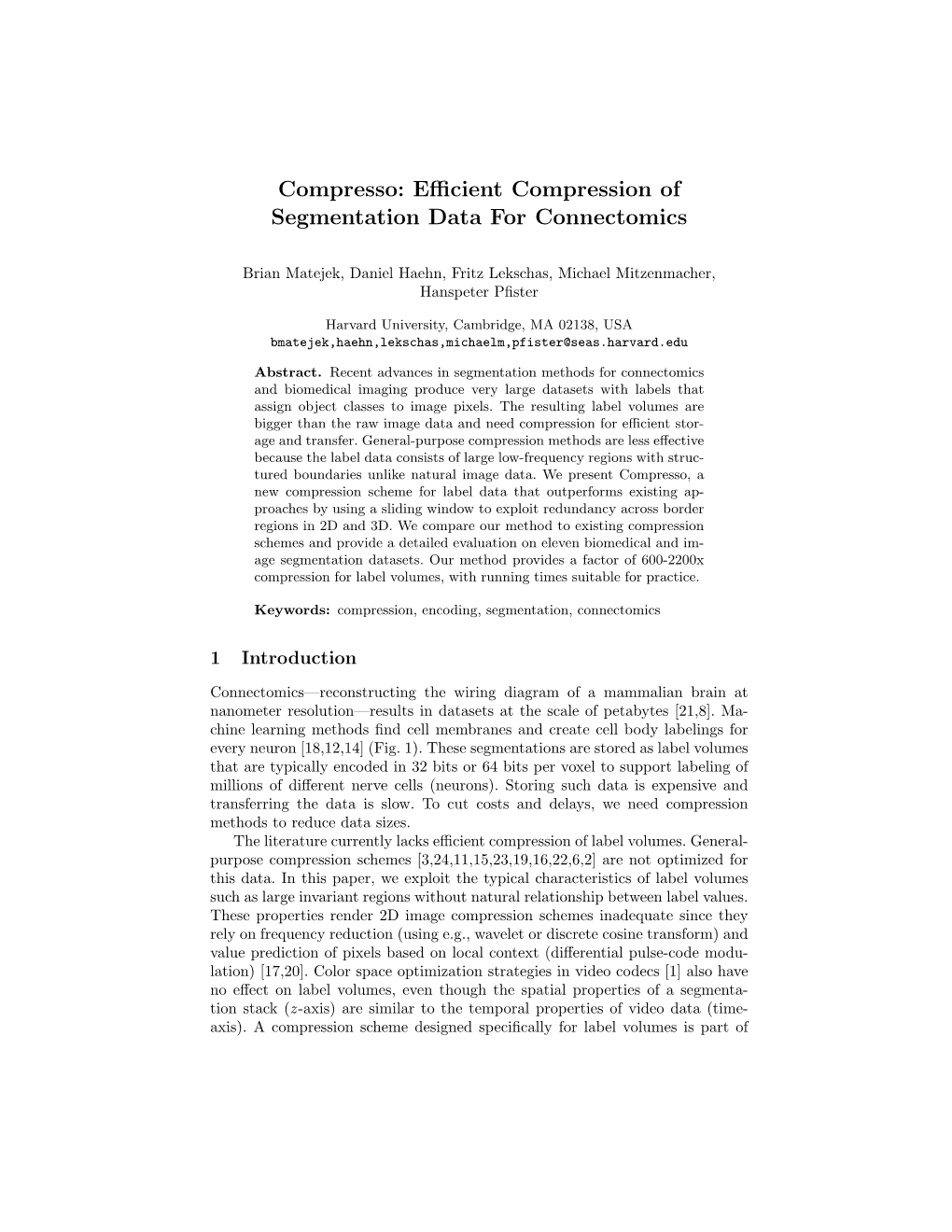 Compresso: Efficient Compression of Segmentation Data for Connectomics