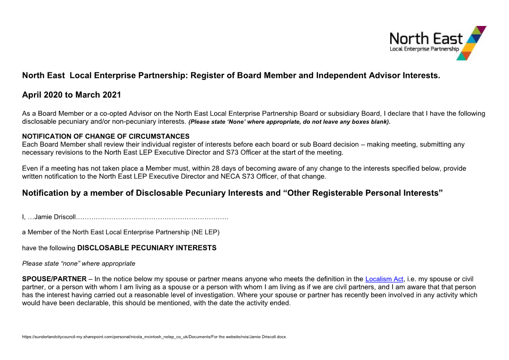 Register of Board Member and Independent Advisor Interests