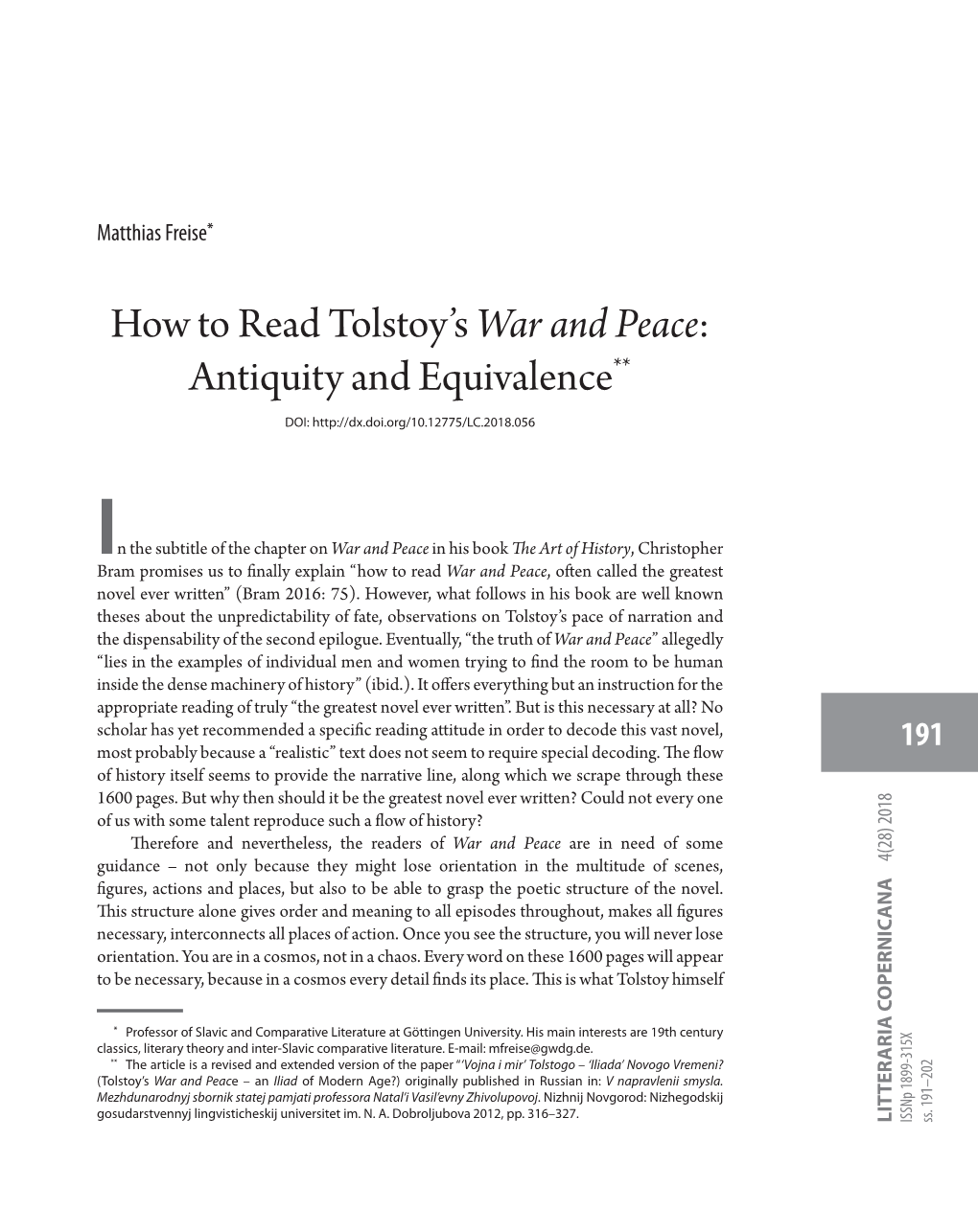 How to Read Tolstoy's War and Peace: Antiquity and Equivalence**