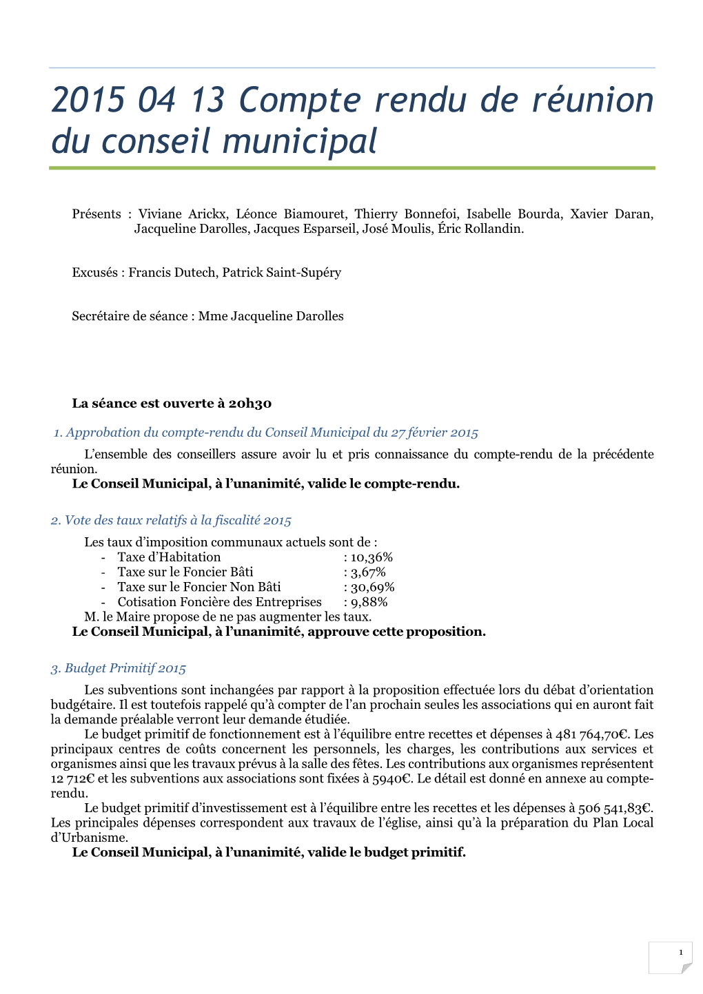 2015 04 13 Compte Rendu De Réunion Du Conseil Municipal