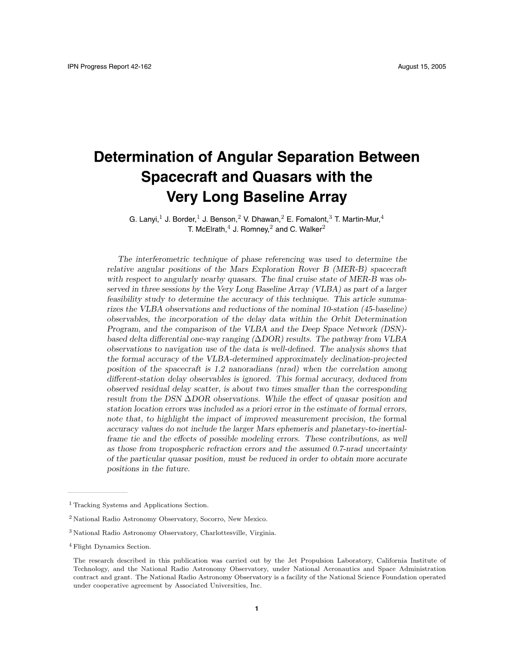 Determination of Angular Separation Between Spacecraft and Quasars with the Very Long Baseline Array