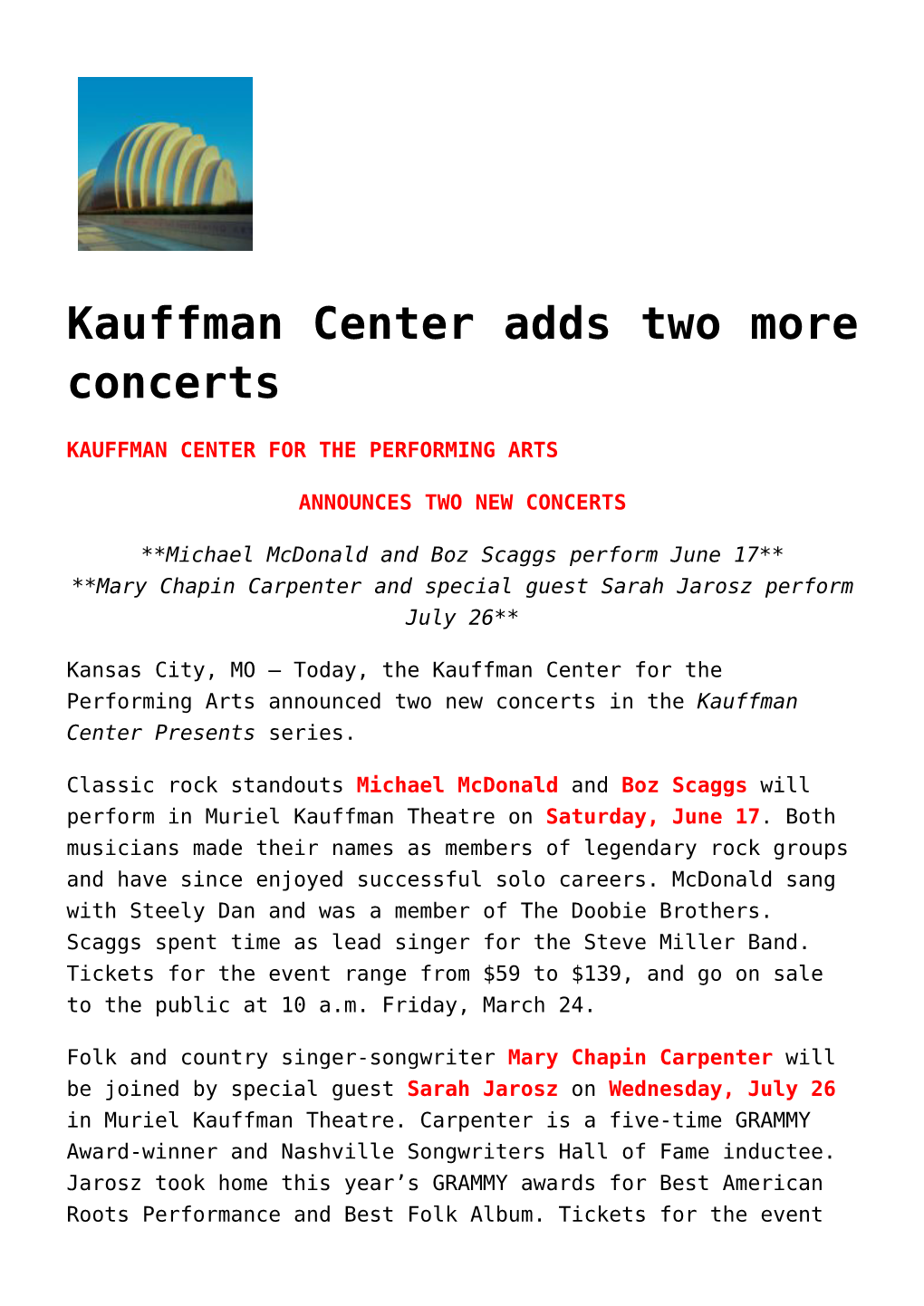 Kauffman Center Adds Two More Concerts