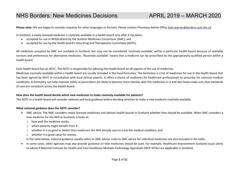 New Medicines Decisions APRIL 2019 – MARCH 2020