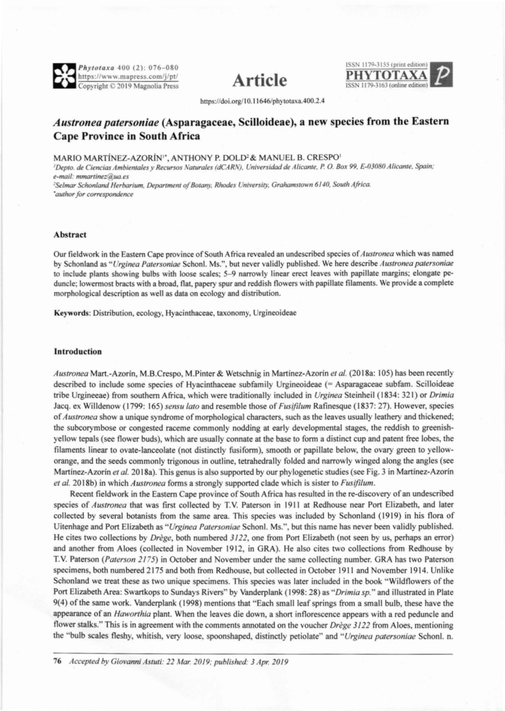 Austronea Patersoniae (Asparagaceae, Scilloideae), a New Species from the Eastern Cape Province in South Africa