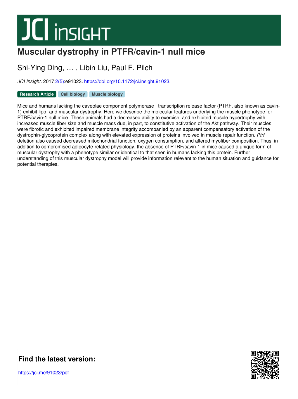 Muscular Dystrophy in PTFR/Cavin-1 Null Mice