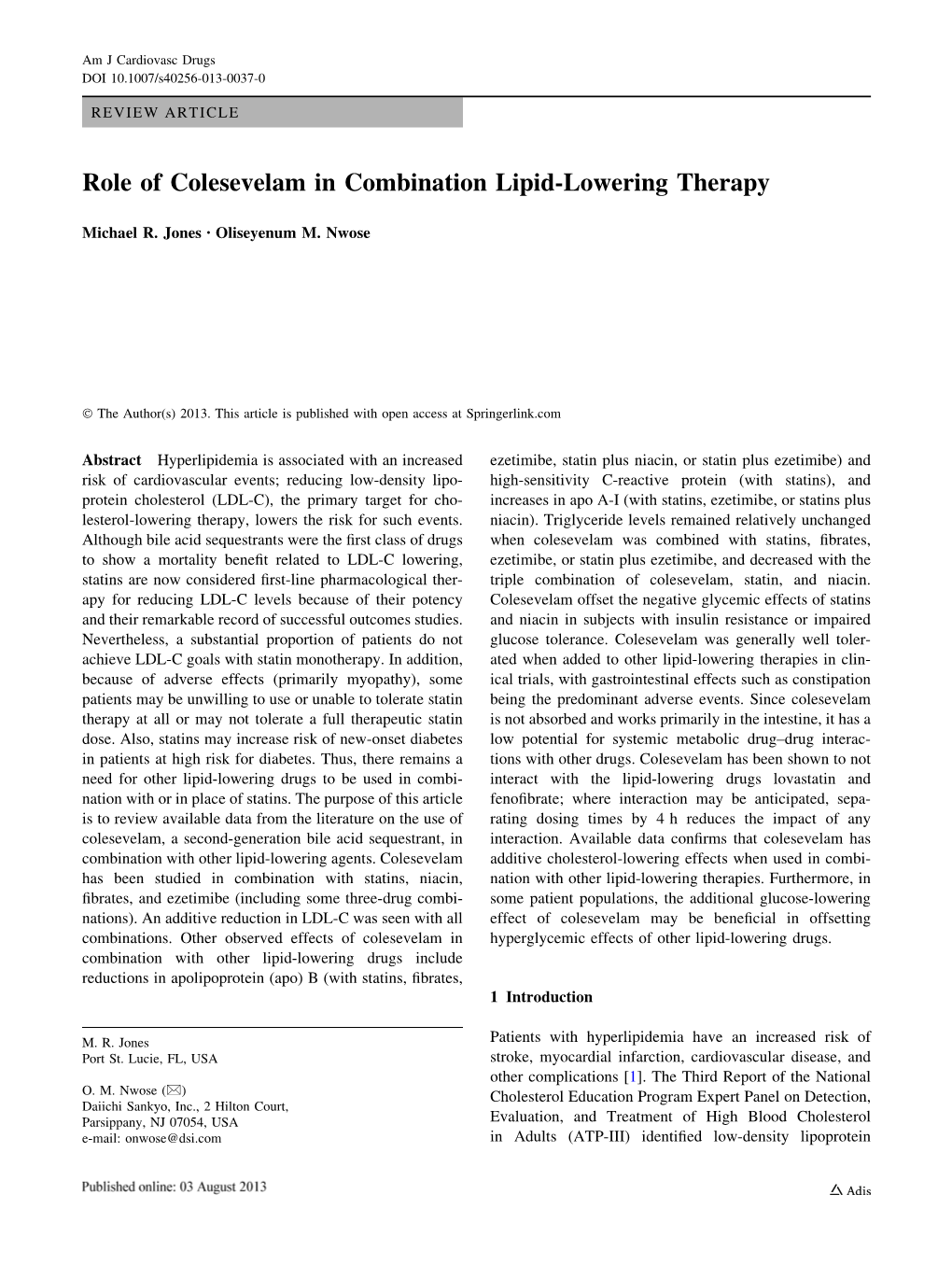 Role of Colesevelam in Combination Lipid-Lowering Therapy