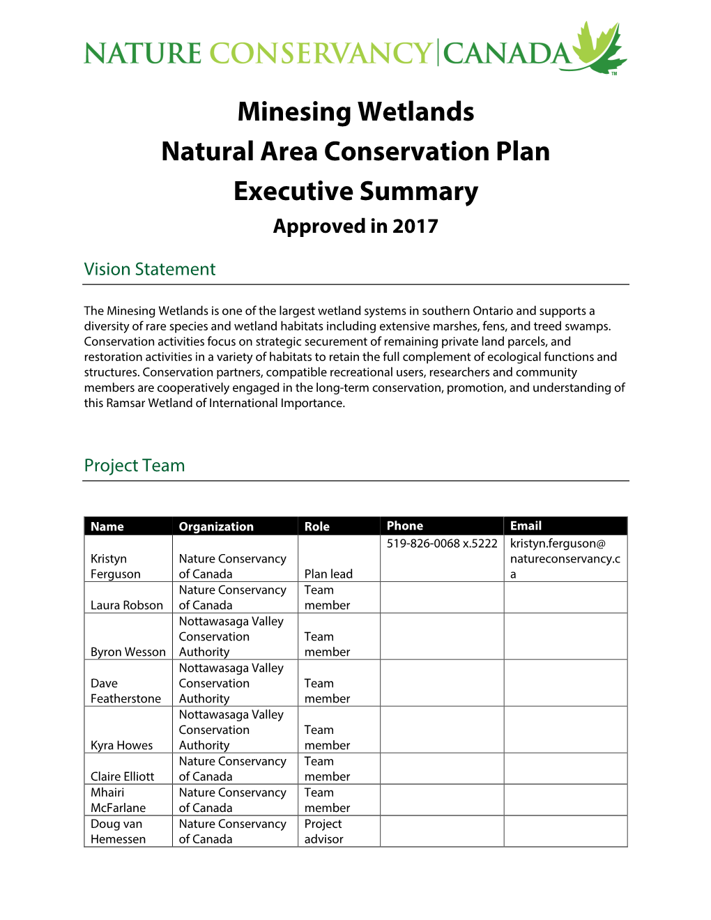 Minesing Wetlands Natural Area Conservation Plan Executive Summary Approved in 2017