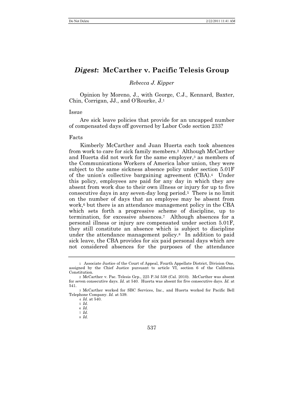 Digest: Mccarther V. Pacific Telesis Group