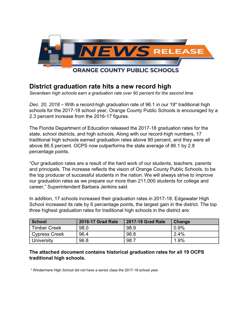 District Graduation Rate Hits a New Record High Seventeen High Schools Earn a Graduation Rate Over 90 Percent for the Second Time