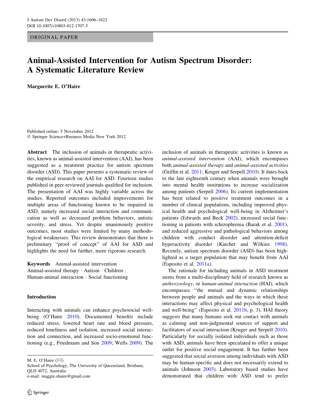 Animal-Assisted Intervention for Autism Spectrum Disorder: a Systematic Literature Review