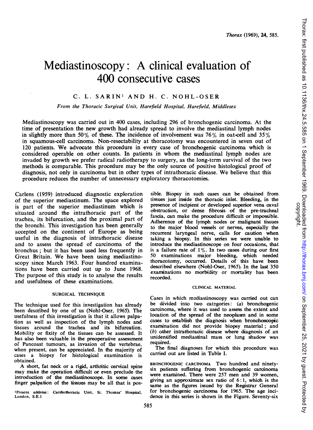 Mediastinoscopy: a Clinical Evaluation of 400 Consecutive Cases