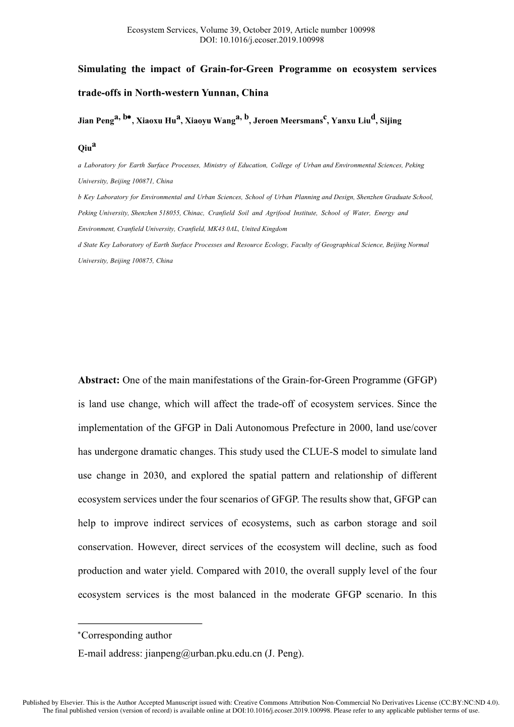 Simulating the Impact of Grain-For-Green Programme on Ecosystem Services Trade-Offs in North-Western Yunnan, China