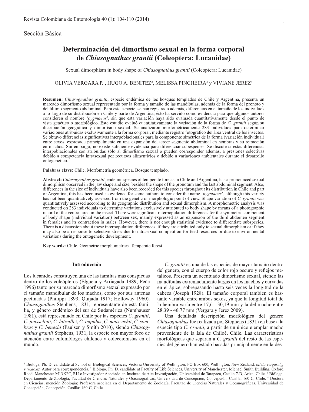 Determinación Del Dimorfismo Sexual En La Forma Corporal De Chiasognathus Grantii (Coleoptera: Lucanidae)