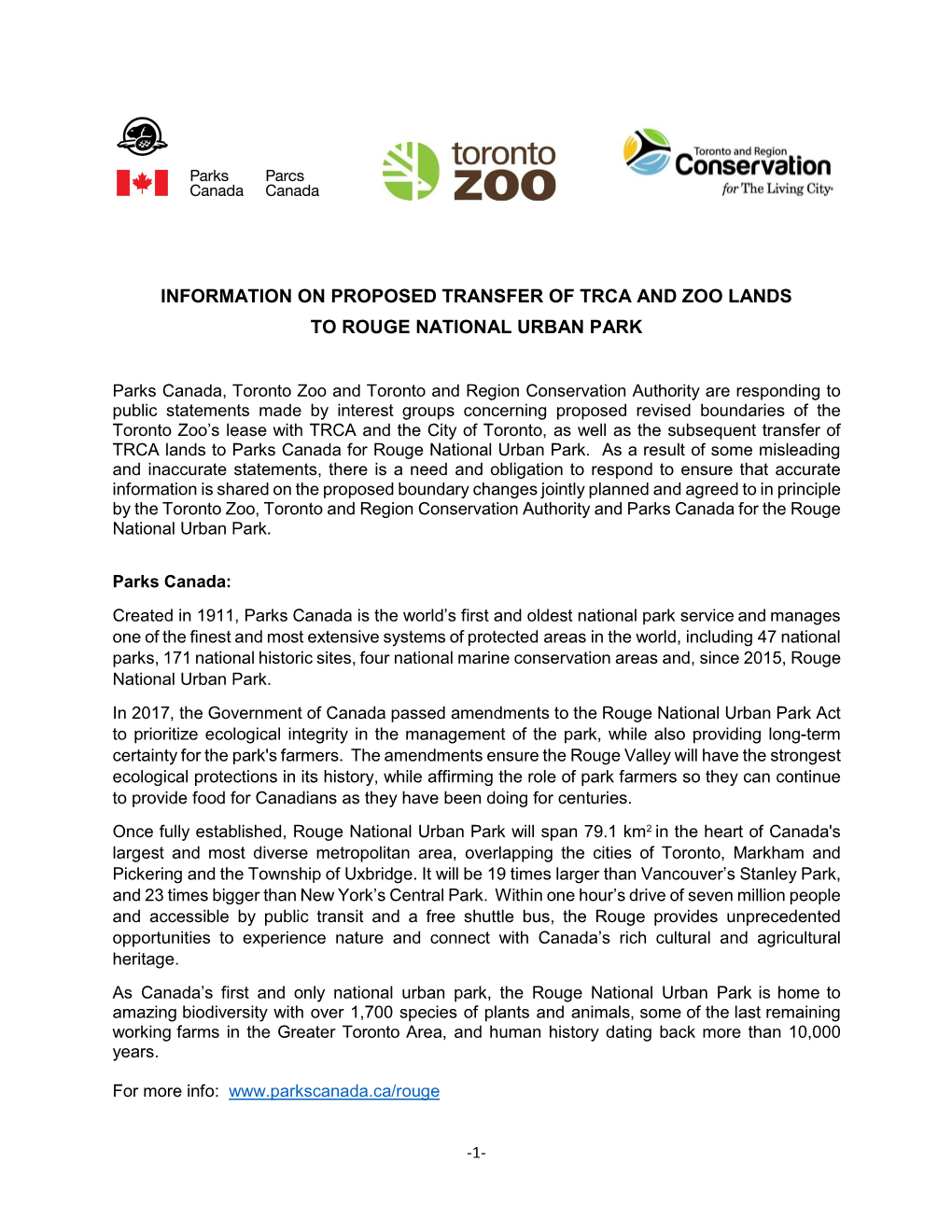 Information on Proposed Transfer of Trca and Zoo Lands to Rouge National Urban Park