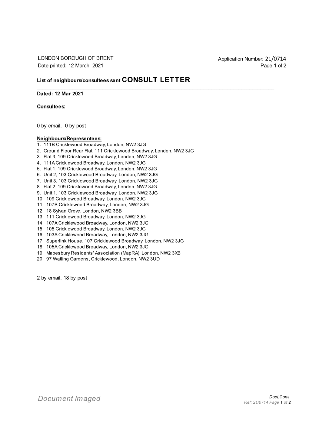 Document Imaged Ref: 21/0714 Page 1 of 2 This Is Text of the Letter Sent to Neighbours