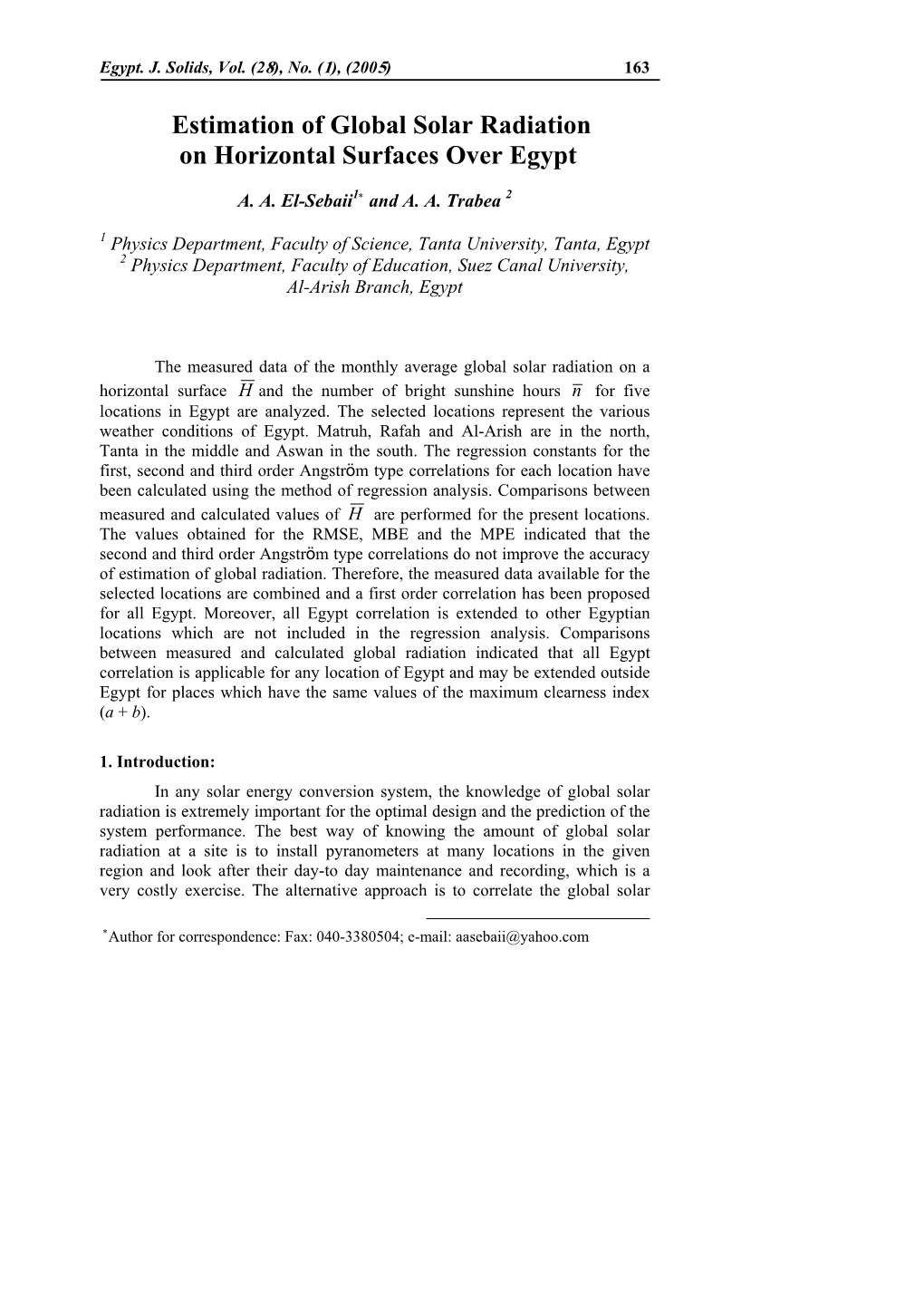 Estimation of Global Solar Radiation on Horizontal Surfaces Over Egypt