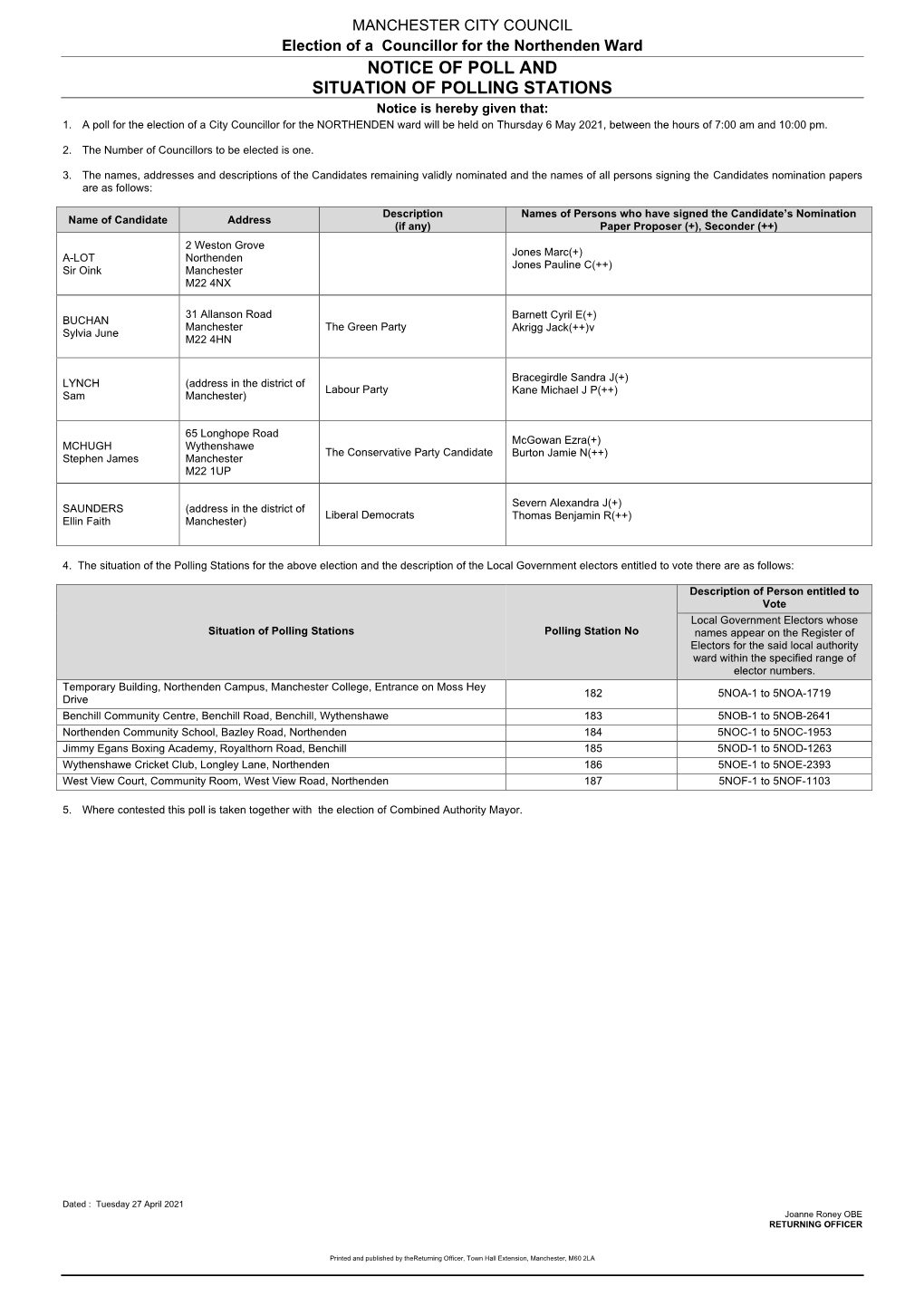 Notice of Poll and Situation of Polling Stations