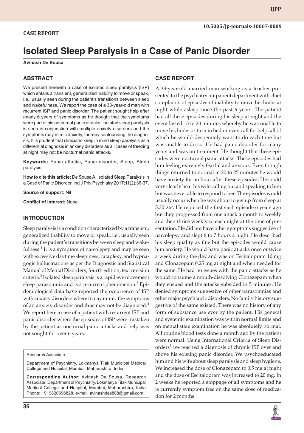 Isolated Sleep Paralysis in a Case of Panic Disorder Avinash De Sousa