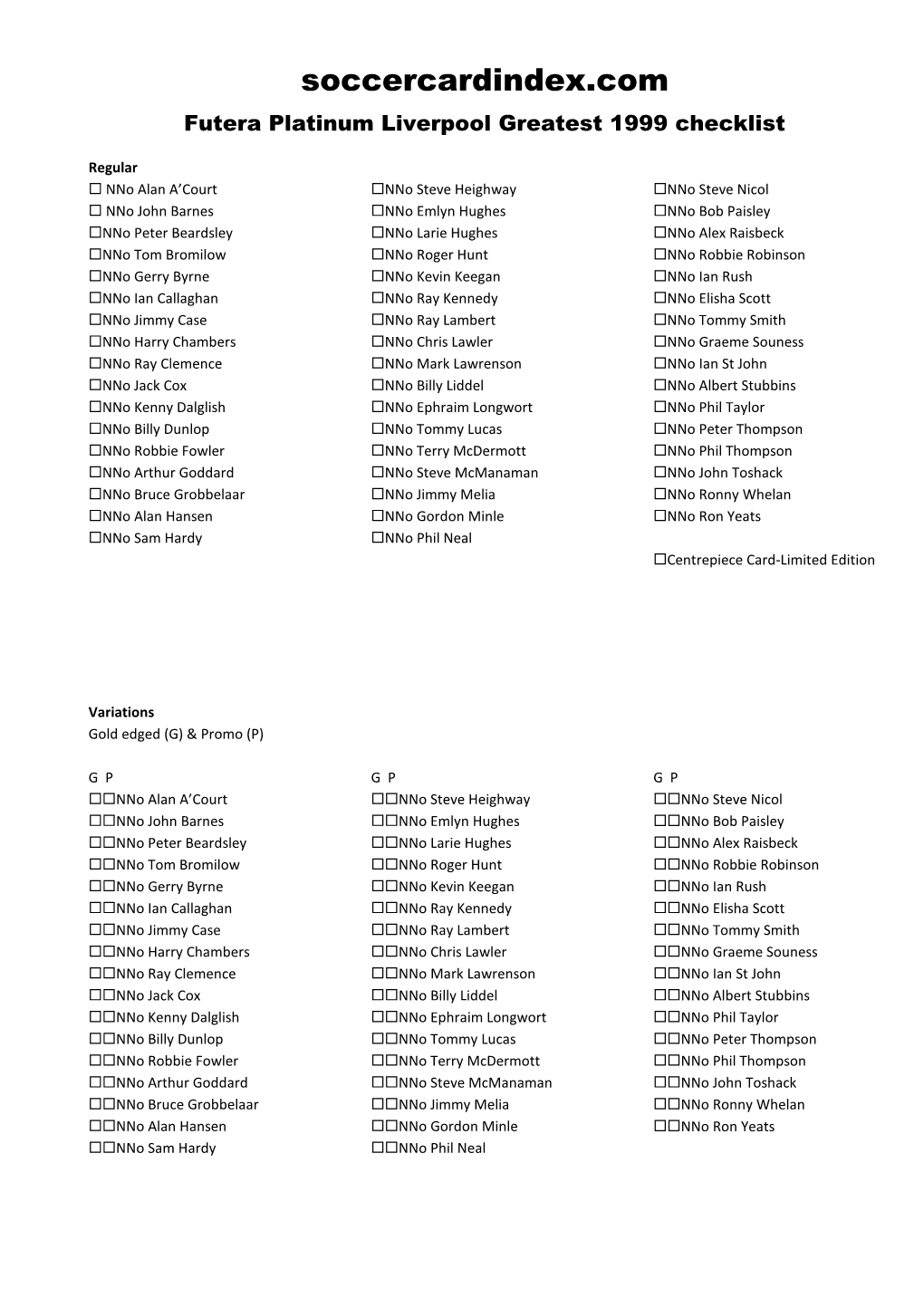 Futera Platinum Liverpool Greatest 1999 Checklist