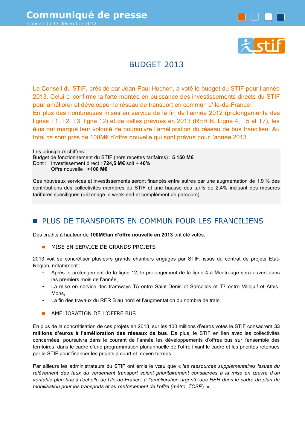 Communiqué De Presse Conseil Du 13 Décembre 2012