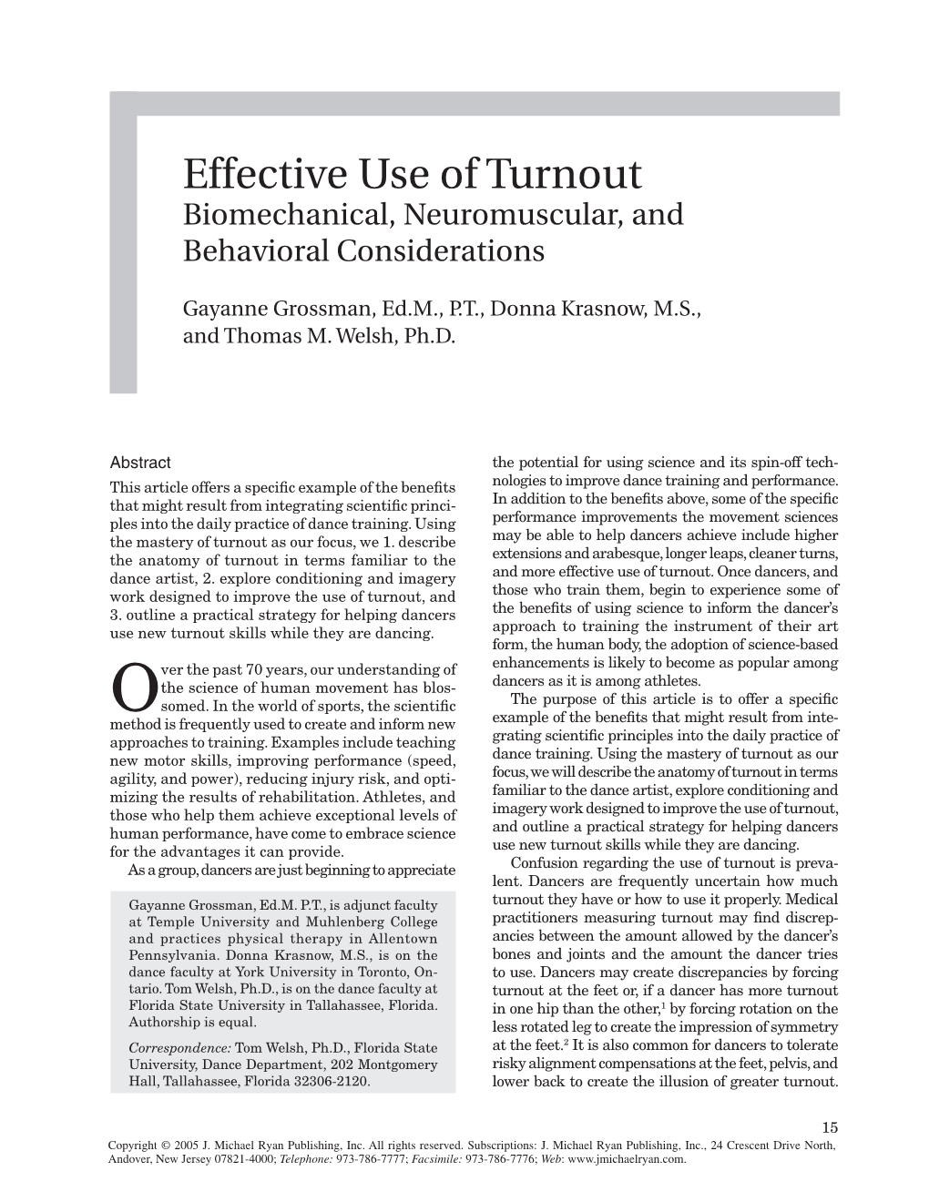 Effective Use of Turnout Biomechanical, Neuromuscular, and Behavioral Considerations