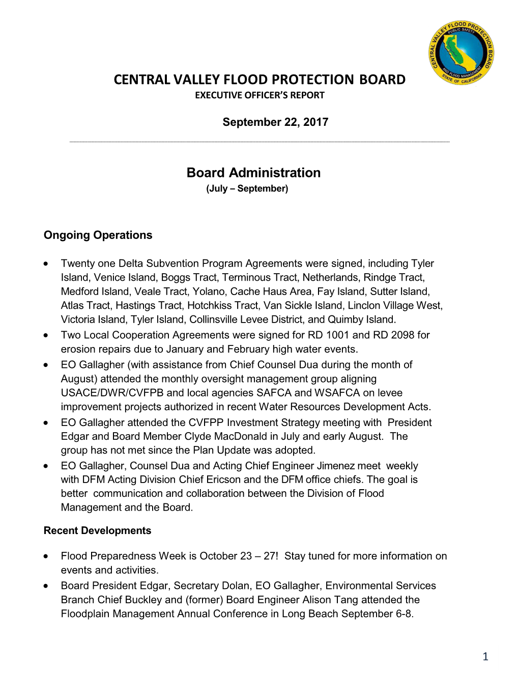 Central Valley Flood Protection Board Executive Officer’S Report