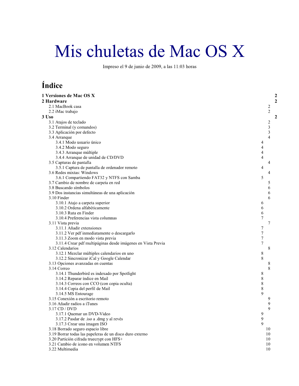 Mis Chuletas De Mac OS X Impreso El 9 De Junio De 2009, a Las 11:03 Horas