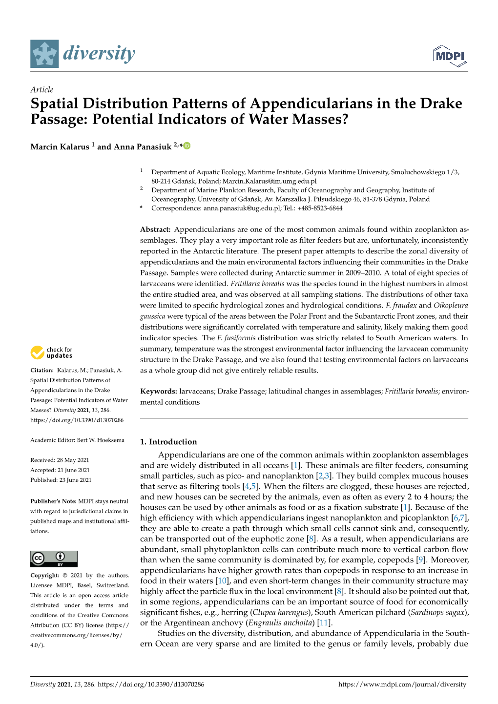 Spatial Distribution Patterns of Appendicularians in the Drake Passage: Potential Indicators of Water Masses?