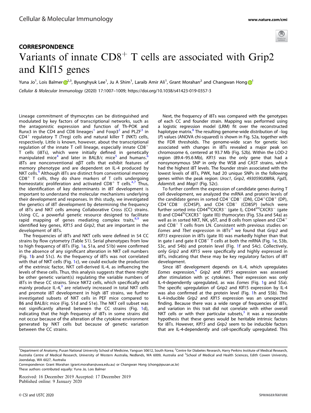 Variants of Innate CD8+ T Cells Are Associated with Grip2 and Klf15 Genes