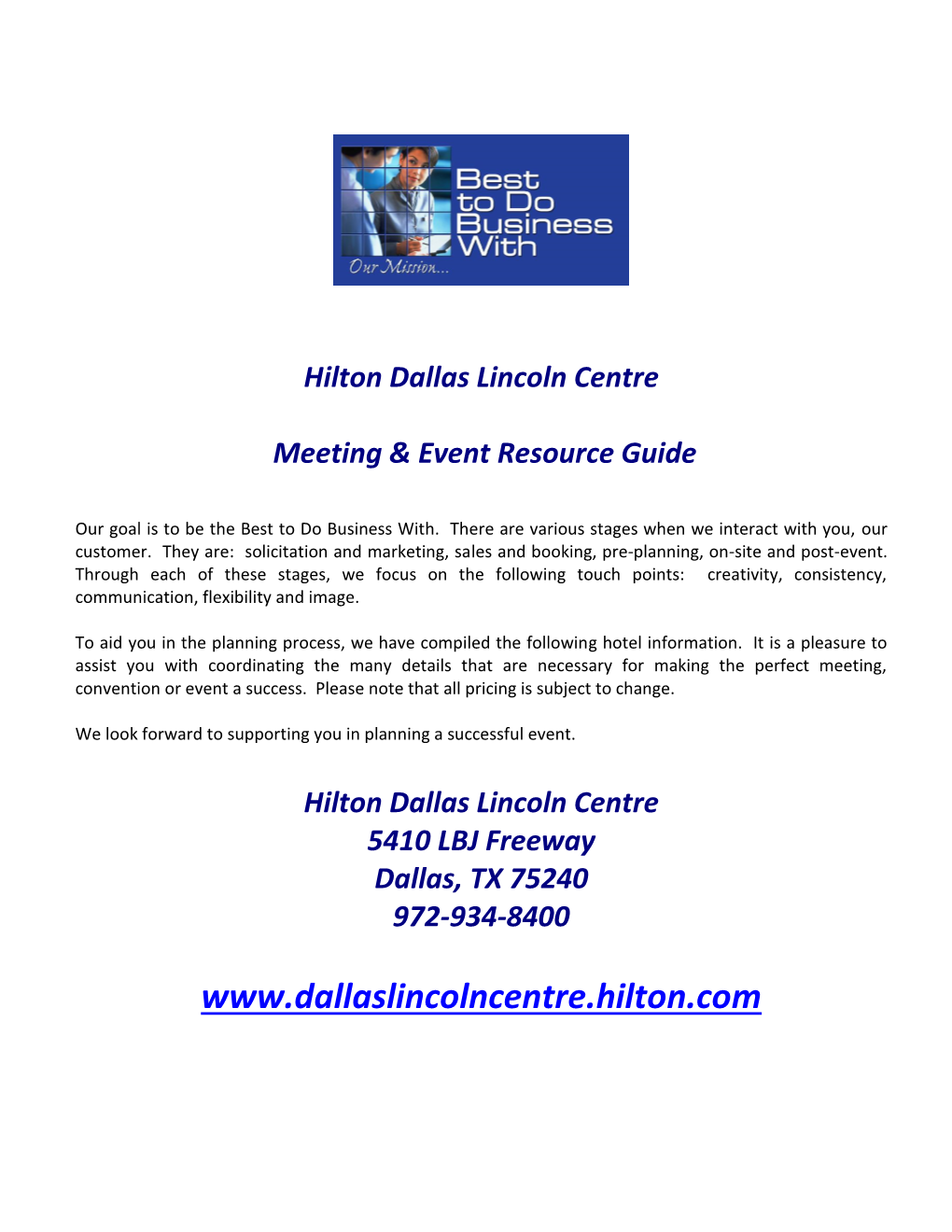 Hilton Dallas Lincoln Centre Meeting & Event Resource Guide