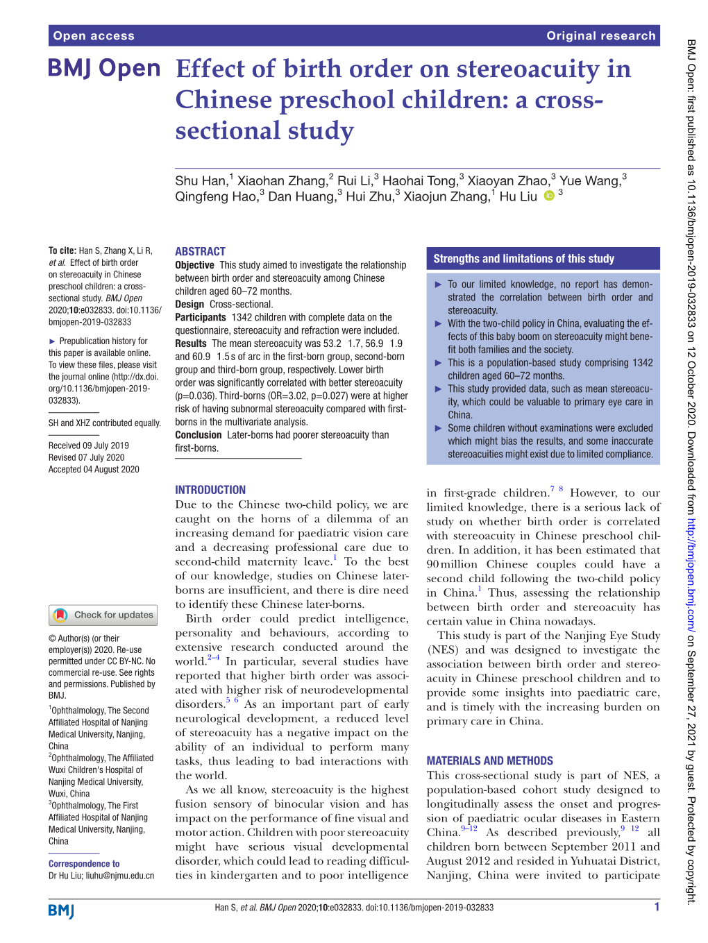 Effect of Birth Order on Stereoacuity in Chinese Preschool Children: a Cross-­ Sectional Study