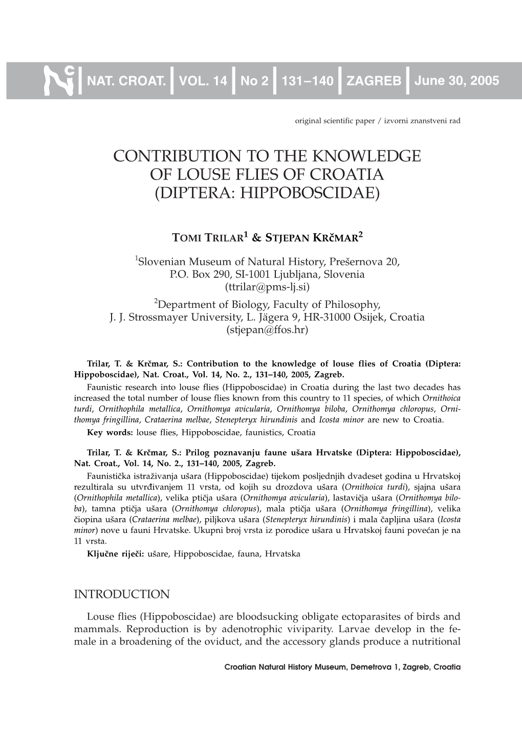 Contribution to the Knowledge of Louse Flies of Croatia (Diptera: Hippoboscidae)