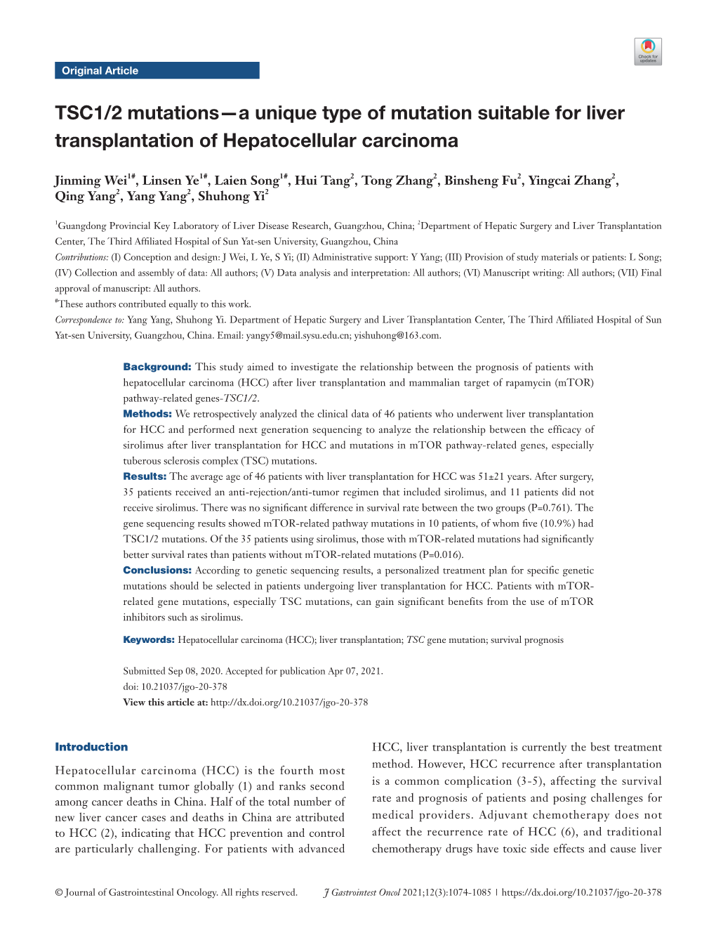 TSC1/2 Mutations—A Unique Type of Mutation Suitable for Liver Transplantation of Hepatocellular Carcinoma