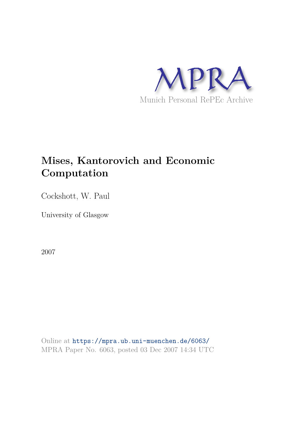 Mises, Kantorovich and Economic Computation