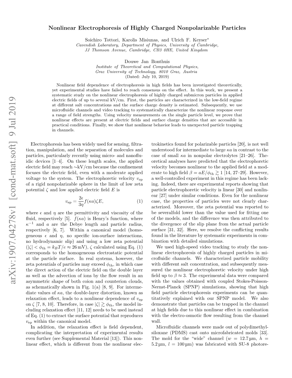 Arxiv:1907.04278V1 [Cond-Mat.Soft] 9 Jul 2019 As Schematically Shown in Fig