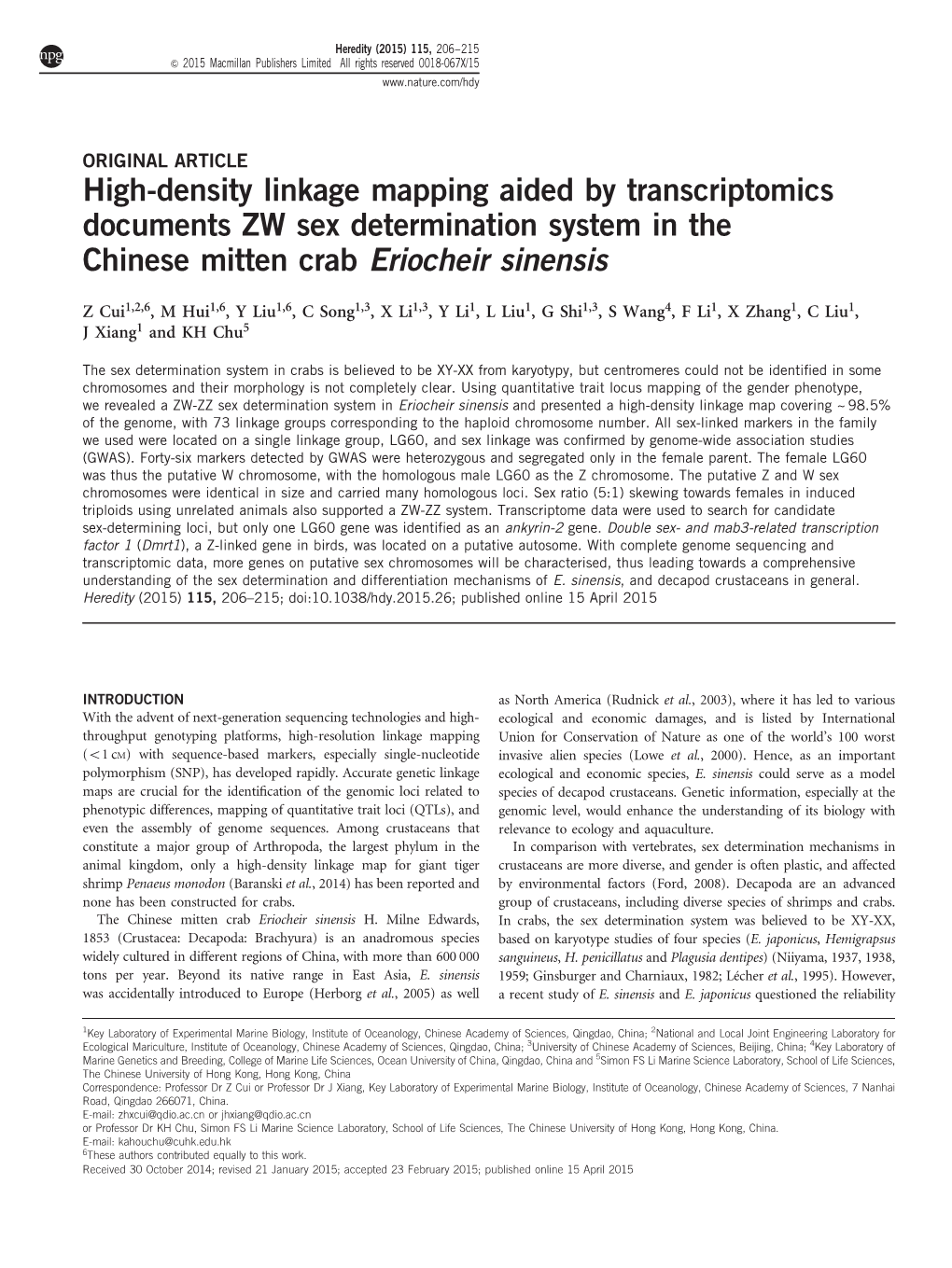 High-Density Linkage Mapping Aided by Transcriptomics Documents ZW Sex Determination System in the Chinese Mitten Crab Eriocheir Sinensis