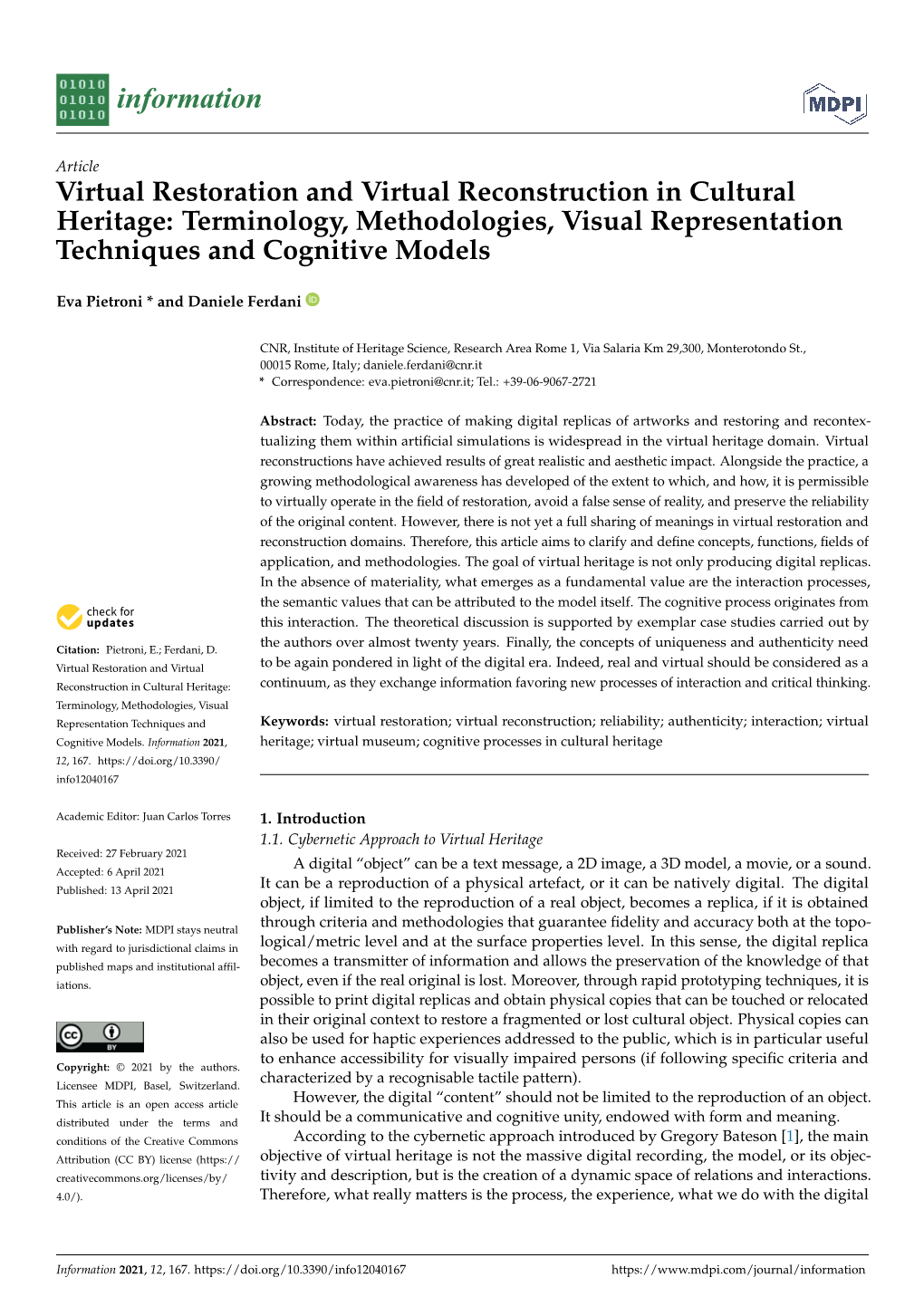 Virtual Restoration and Virtual Reconstruction in Cultural Heritage: Terminology, Methodologies, Visual Representation Techniques and Cognitive Models